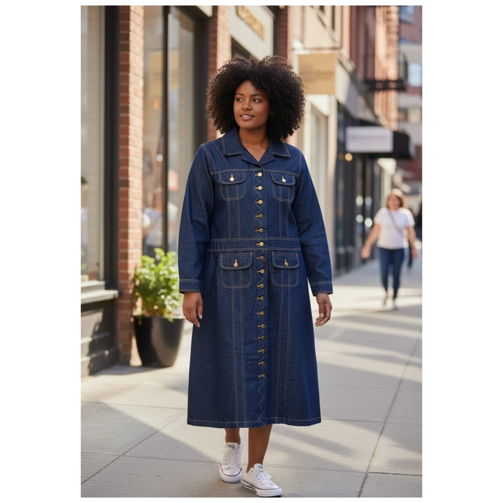 Midaxi Denim Shirtdress 90s Newport News Long Sleeve Dark Denim Dress